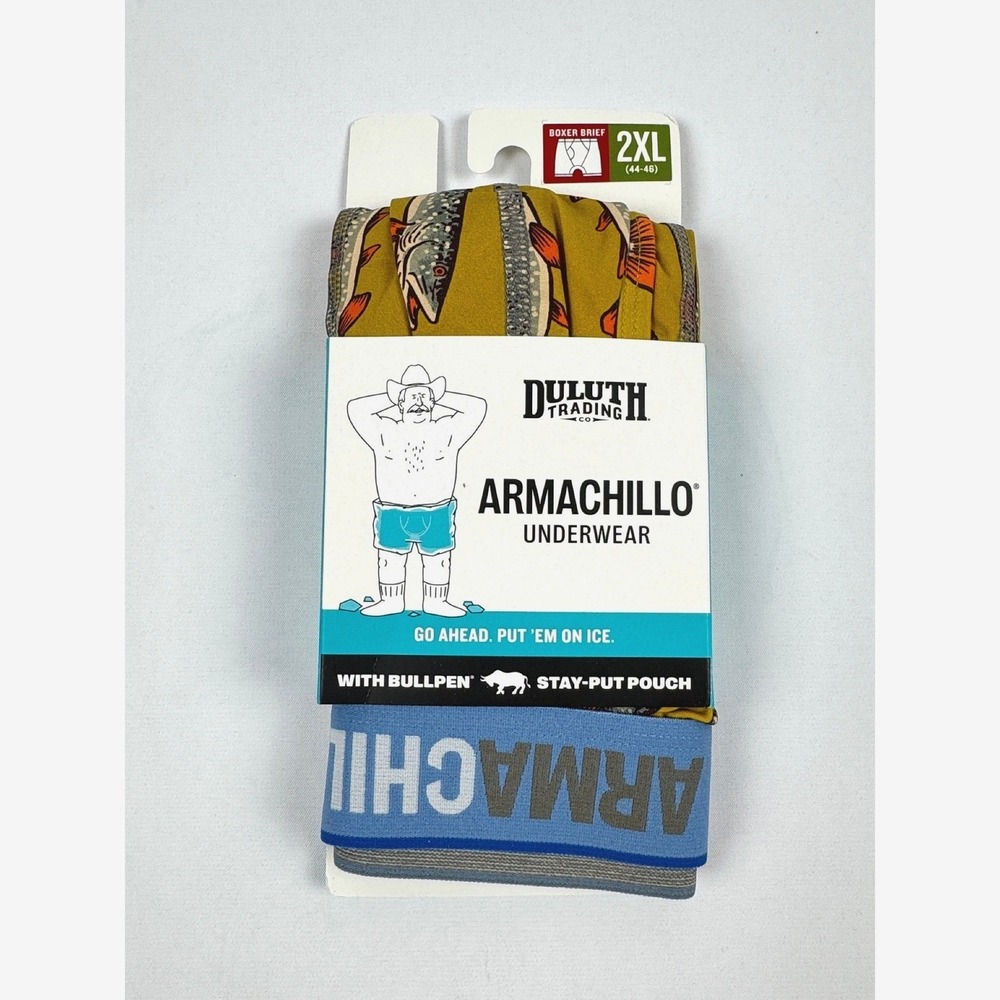 Duluth Trading Co Armachillo Bullpen Boxer Briefs Northern Pike Fish Print 2XL